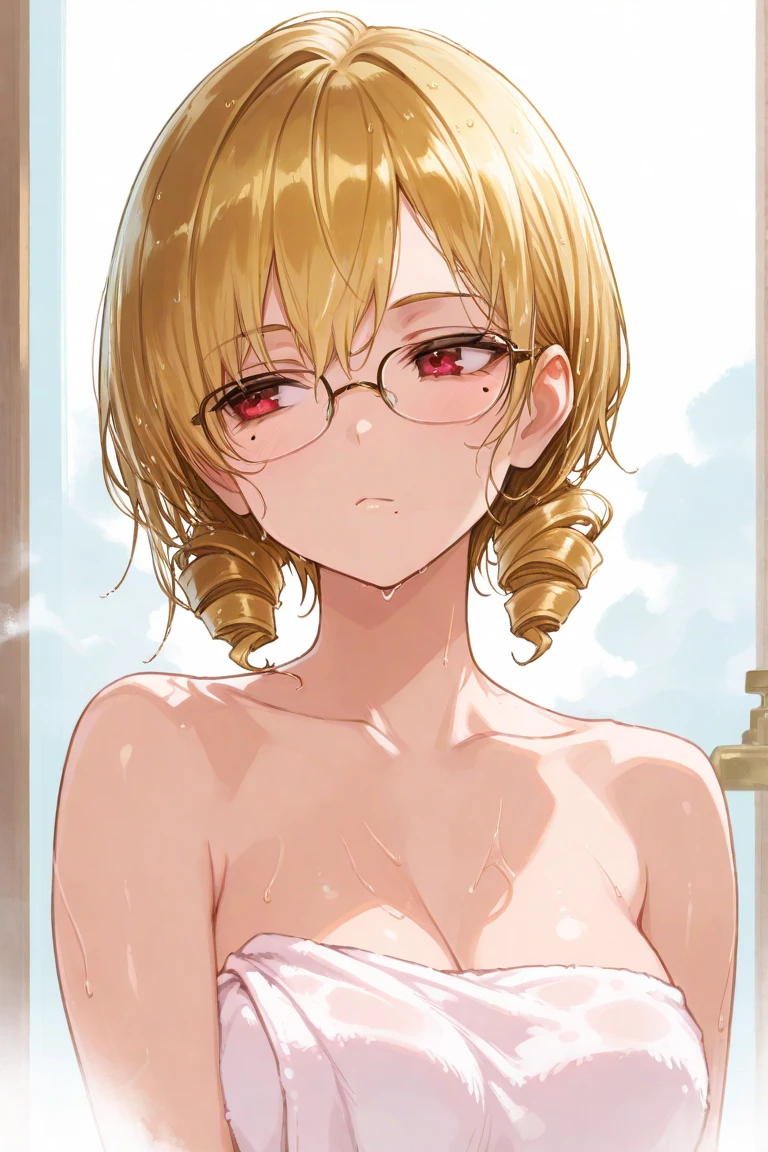 chubby, girl, blonde, medium length hair, open forehead, no bangs, green eyes, black square-rimmed glasses 
without clothes, white towel
bathroom
