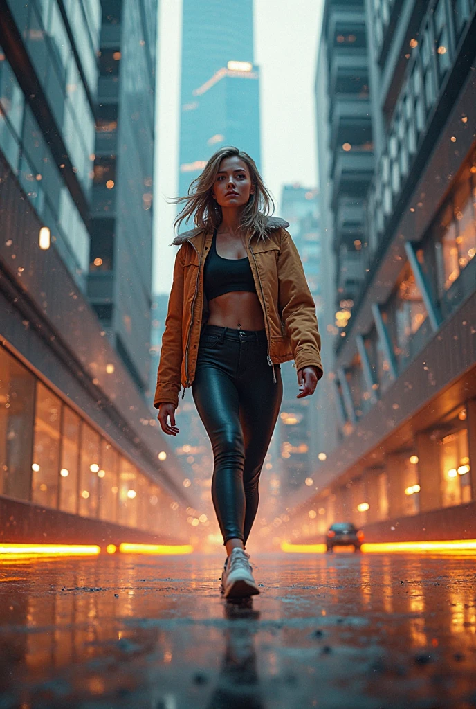 best quality, masterpiece, cinematic lighting, intricate, cinematic detailed realistic background, detailed face, full body, small breasts, realistic, ligne claire, 1girl jogging, cityscape, night, tied shirt, looking at viewer, tattoo, model pose, open cardigan, ringed yellow eyes, streetlight, lamppost, yoga pants, split-color hair, glasses,, ,  
