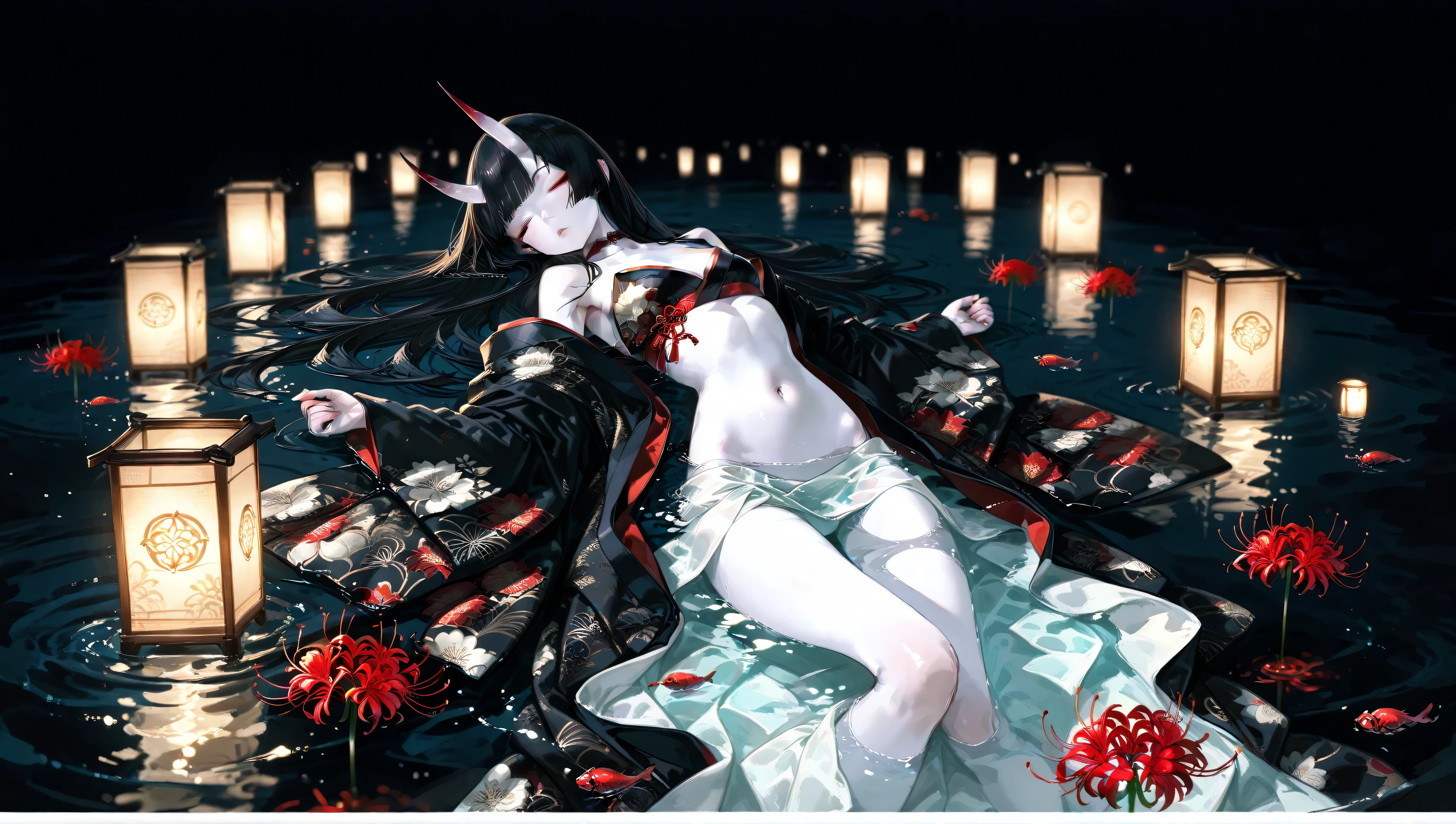 ((1girl)), girl, pale orbs are flying in the moonlight, Skinny girl, Floating lanterns、Wide shot, white skin、black hair、little oni horn、(solo focus)、Far-reaching、blurry background, Wearing a kimono with disheveled shoulders and hem, view from above、lying、real、hime cut, cluster amaryllis, Dark colored water, The dark surface of the water continues, Dark colored Background, Sleeping、Young face、shiny skin、I can see the whole body, floating on water、shiny hair from the side、Black kimono with gorgeous patterns、Red pattern、Red spider lily、small breasts、beautiful colors、full body、solo focus、 no humans 、is sleeping, black background、sleep、I can see the whole body, Little lanterns floating in the water