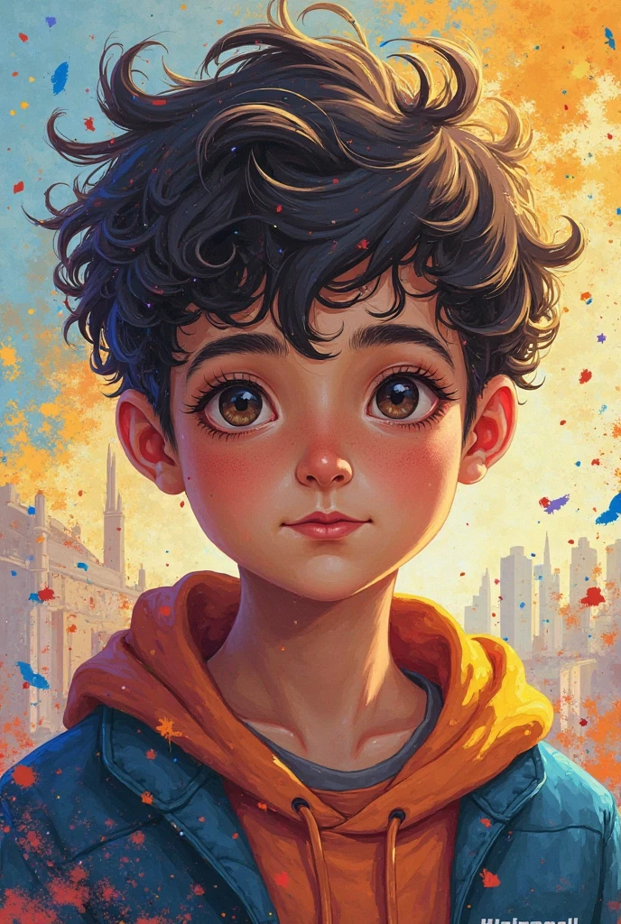 A boy wears a hat with a feather and a rainbow scarf on a cloud