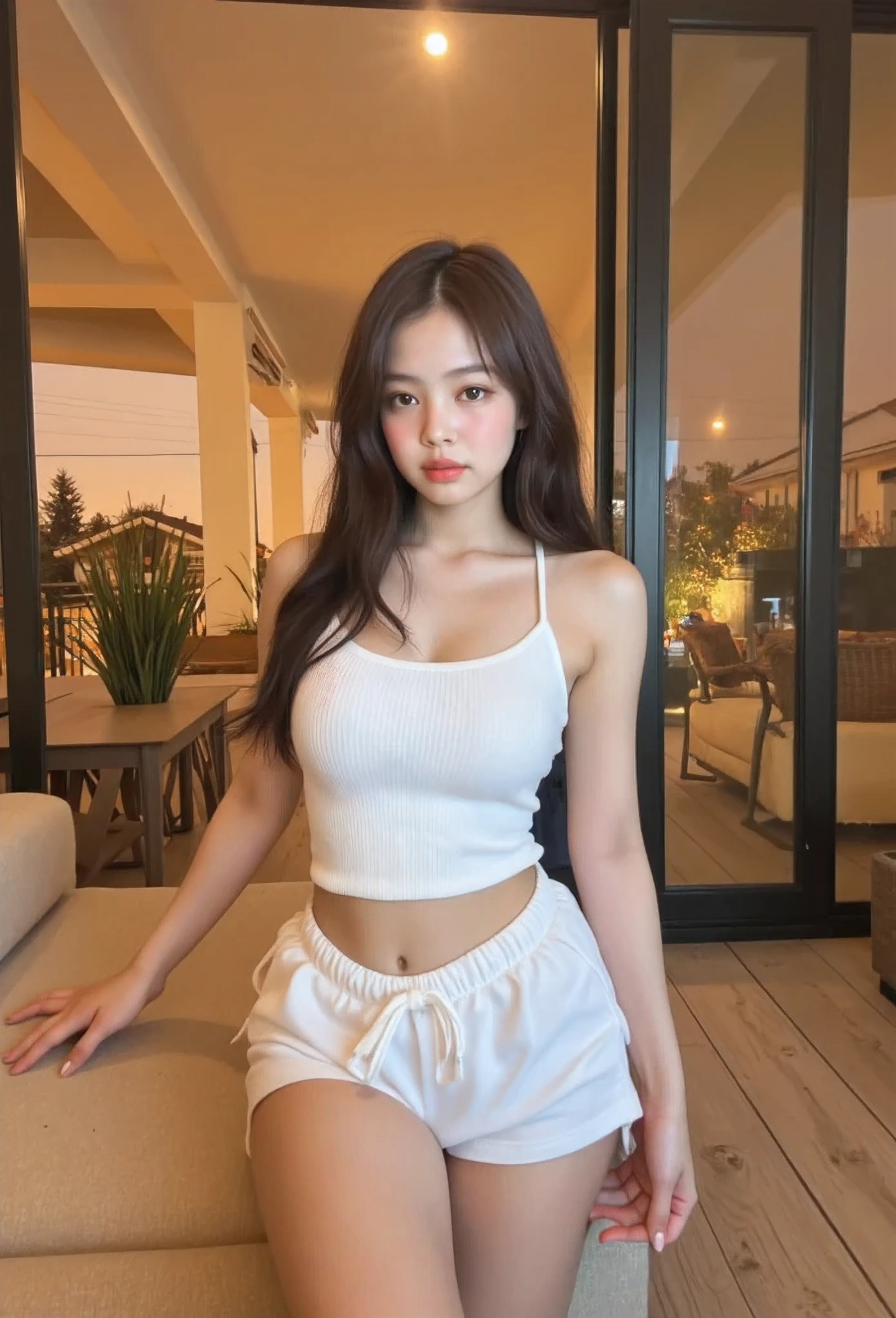 Tween goth Korean girl taking a selfie, Wearing comfy cotton shorts and loose halter top, Amber autumn sunset, a young korean-Filipina tween girl, appears to be aged 14, weight 40kg, long hair, light skin,good quality, Sexy photo of a girl sitting on the outdoor couch at the veranda at her cozy and inviting countryside home, Suburban setting with view of houses and shops from the veranda, trees stores and houses and shops are visible in the photo, Nikon Z8 + NIKKOR Z 24-120 mm f/4 S, realistic,life-like skin texture,symmetrical,aesthetically pleasing,cinematic composition,detailed portrait,photorealistic,masterpiece,ultra-detailed,sharp focus,physically-based rendering,extreme detail description,professional,vivid colors,high resolution,4K,studio lighting,dramatic lighting,dramatic shadows,dramatic atmosphere,dramatic background,dramatic pose,cinematic framing,cinematic lighting,cinematic camera angle,cinematic depth of field,moody,dark,chiaroscuro,dramatic color palette,dark and moody,dramatic colors, cozy cotton pants, Metro Manila philippines, relaxed and chill evening