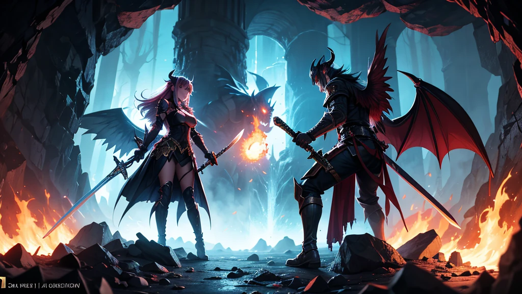 A demon knight girl wielding a sword and a demon girl in a dark cave ...