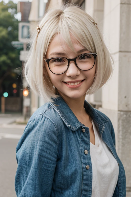 (masterpiece,best quality:1.5), asian woman with white hair, straight hair, short hair, white t-shirt, medium breasts, cute glasses girl, clear frame glasses, kind smile, potrait, face focus, looking at viewer, side view, walking on the street, uhd image, glassy translucence, vibrant illustrations, light ray, dynamic light, studio lighting, flash light,  bokeh around her (lens blur 35mm f2.8), Minolta Hi-Matic 7 Sii, Fujifilm Fujicolor 100, film grain,  mysterious, twilight sky, cloud, eyes detail, beautiful eyes, light in eyes, half body,