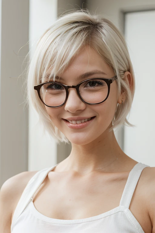 ((Best Quality, 8K, Masterpiece: 1.3)), 1girl, Slim Abs Beauty: 1.3, (short hair, Casual, big Breasts: 1.2), blonde hair, plain black t shirt, Super Fine Face, glasses, standing straight facing to viewer, Delicate Eyes, Smile, full body, ultra realistic photography, Home