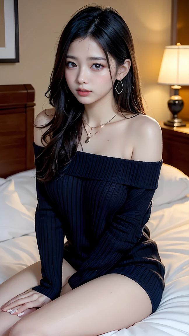 (8K, RAW Photos, Highest quality, masterpiece:1.2), (professional photography, full colors, studio-caliber color grading), (Gravure quality for high-end fashion magazines), BREAK,18 year old girl, (boyish:1.15), (mannish:1.1), Big Natural Color Lip, Plumpy body, (smooth skin:1.1), (huge breasts:1.0), BREAK (Ruffle black cotton off-shoulder top transparent lace:1.2), pleated skirt, BREAK (hotel room:1.1)