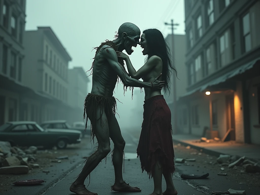 1girl, werewolf, 1boy, vore, sharp teeth, saliva drip, glowing eyes, monster, backlighting, night, full moon, moon, sky, howling, scared, looking at viewer, black eyes, blonde hair, :o, surprised, fog, horror \(theme\), sundress, fleeing, incoming attack, torn dress, floating hair, wind, falling leaves, dark, darkness,, masterpiece, best quality, highly detailed