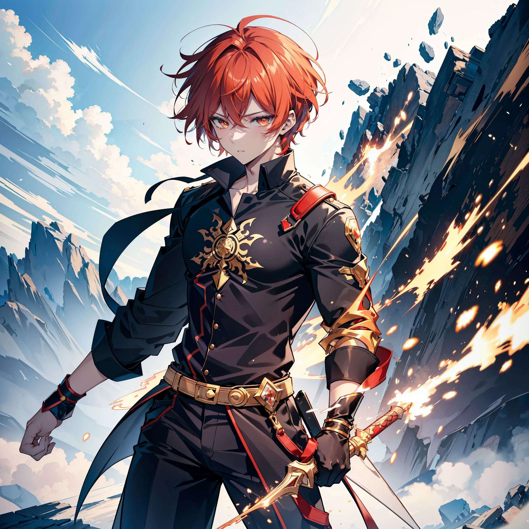 high quality, masterpiece, delicate hair , delicate eyes full of determination, high quality, man, handsome man, sharp golden eyes, neutral expression, bright red hair, golden eyes, mysterious look, muscular, wearing a messy black shirt, black skinny pants, sword, (proper male body anatomy:1.2) , (proper leg anatomy:1.2), (proper hand anatomy:1.3), sword master, cloudy sky background, detailed anime style illustration, intense facial expression, aura of hidden power, flames and sparks, highly detailed, strong shadows, ash, ice, ink splash, color splash