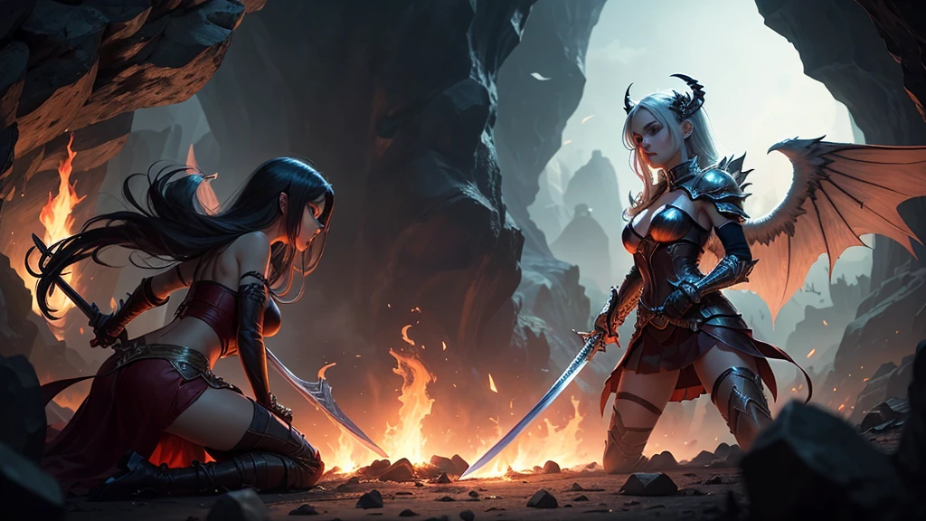 grupo de pessoas, multiple females, ((best quality)), ((master part)), (circunstanciado, extremamente detalhado), Two demonic girls fighting a large male demon, Armored female,  macho, (breu pele negra), (Scales, pele coberta por escamas, Descascado Escamoso, Dragon scales) , Meia-noite, pegue a chave, corpo tonificado em forma, (batalha, combate, luta brutal, Agarrando, 2vs1), olhar irritado, derrotado, multiple persons, masculino luta feminino, (EqCok:1.3, Erection, Grande ,  bainha, uretra, Como:1.3),