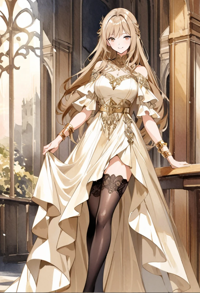 Une jeune femme aux cheveux brunette lisses est debout dans une pièce élégante avec un lustre en cristal au plafond. Elle porte un costume ???? bien ajusté, composé d'une veste et d'un pantalon. La pièce est décorée avec des éléments luxueux, y compris un grand miroir encadré en or, des meubles blancs ornés et des rideaux bleu foncé. La femme pose près d'une table blanche avec des poignées dorées, sur laquelle sont posés des vêtements soigneusement pliés. L'arrière-plan montre des fenêtres encadrées de bois et une décoration murale avec des fleurs séchées dans un vase bleu.