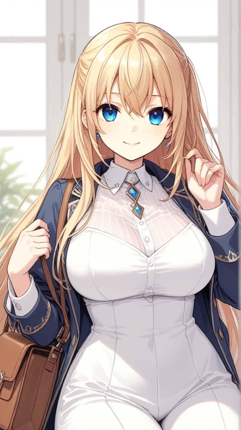 A beautiful woman with long blonde hair, kawaii facial features, partially covered eyes with long bangs, large breasts, blue slanted eyes, (Using a closed brown coat, Elegant coat model covered with buttons attached coat style model (Double breasted trench) soft smile against a white background, her right eye visible and eye color yellow, Elegant wearing a black t-shirt wearing a long, tight black skirt, 