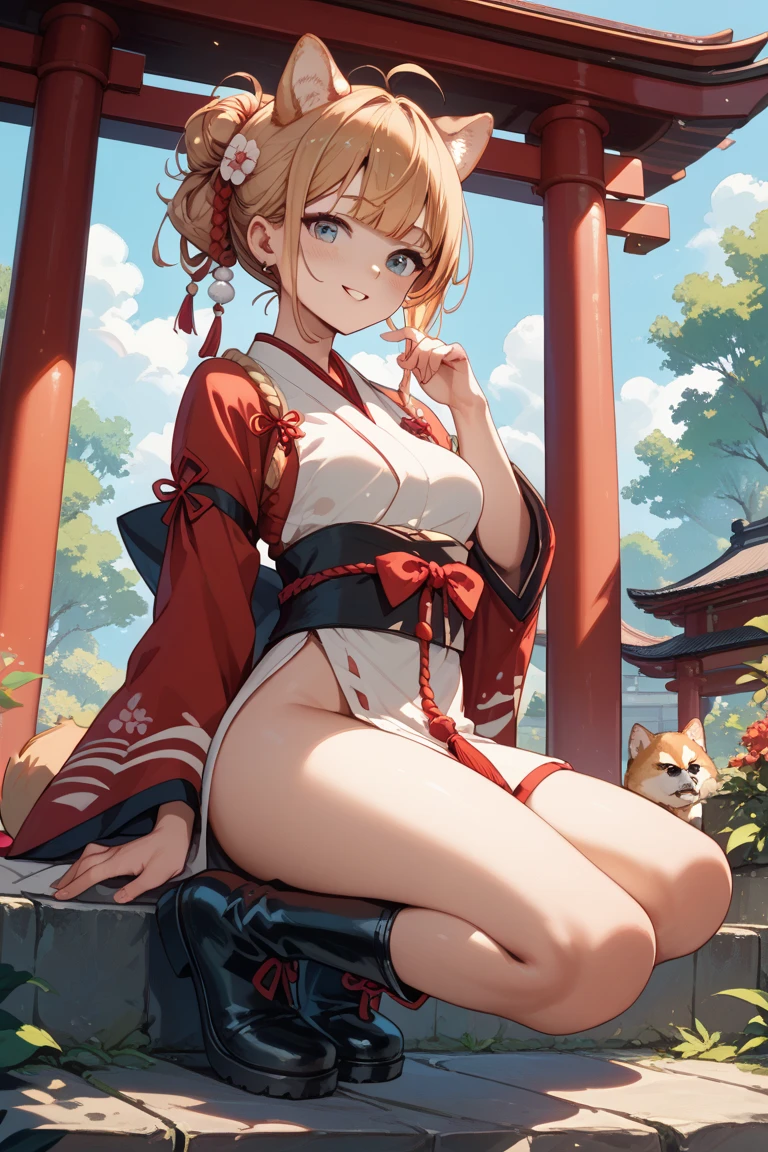 masterpiece,1girl,solo, <lora:[Glorious]Spiring:1>,blonde hair, bare shoulders, cleavage, (kneeling:1.3),outdoors