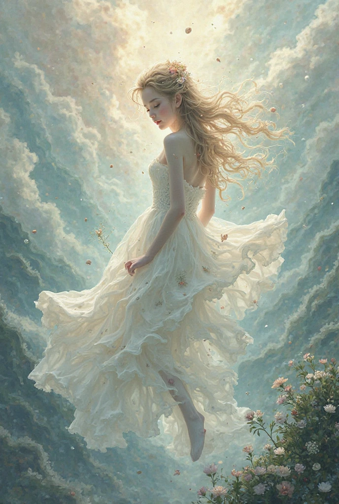 _james jean, floating female figure made of ribbons, smoke, in the sky, colorful and vibrant, mystical colors, contemporary impressionism, yanjun cheng portrait painting, iridescent painting, 3/4 perspective view, cute face, low angle, sweeping circling composition, large beautiful crystal eyes, big irises, UHD, HDR, 8K, (Masterpiece:1. 5), (the most beautiful portrait in the world:1.5)