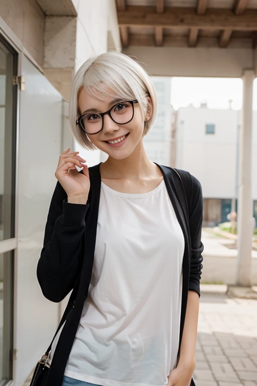 cute girl, short white hair, glasses, shy, short skirt, White T-shirt, showing breasts, showing thighs, touching her vagina with her fingers,