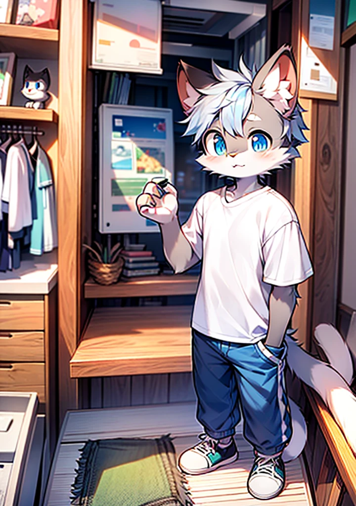 Bright eyes, character bust photo, Q version, avatar frame, character focus, solo, furry, furry male wolf, male blue fur, blue eyes, white hair (long) Shota style, little cute, will sell cute, wearing blue clothes and pants, has a tail