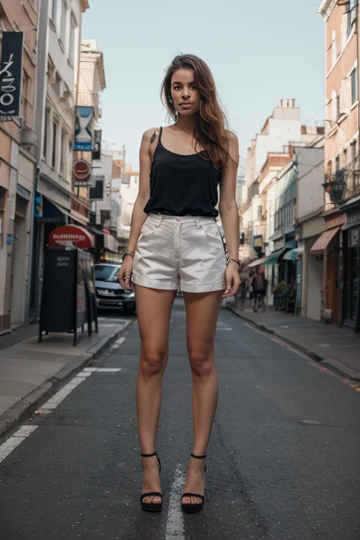 Araffada woman in skirt and high heels standing on a street corner, french girl, nice legs, socks; on the street, long legs, huge legs towering over you, juicy legs, long legs y delgadas muy hermosas, nice legs, in the city, long legs y delgadas, wearing honey - themed mini skirt, mini skirt, in Paris