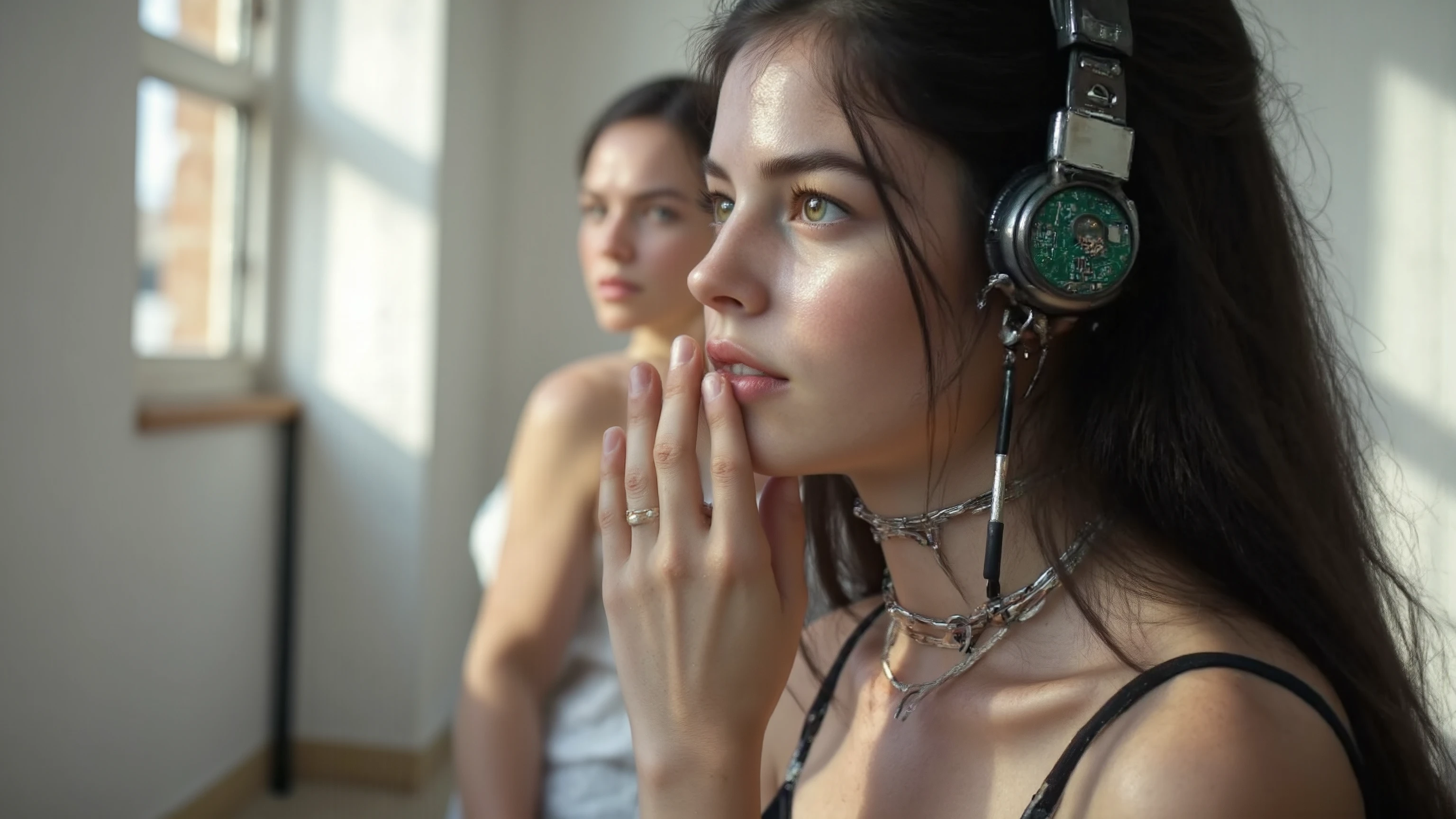 full body photo, young woman, chest, porcelain face, cyborg, robotic parts, 150 mm, beautiful studio soft light, rim light, vibrant details, cyberpunk, hyperrealistic, anatomical, facial muscles, cable electric wires, microchip, H. R. Giger style, extremely detailed, amazing, finely details, ray tracing, UHD, HDR, 16k, photorealistic, masterpiece, award winning