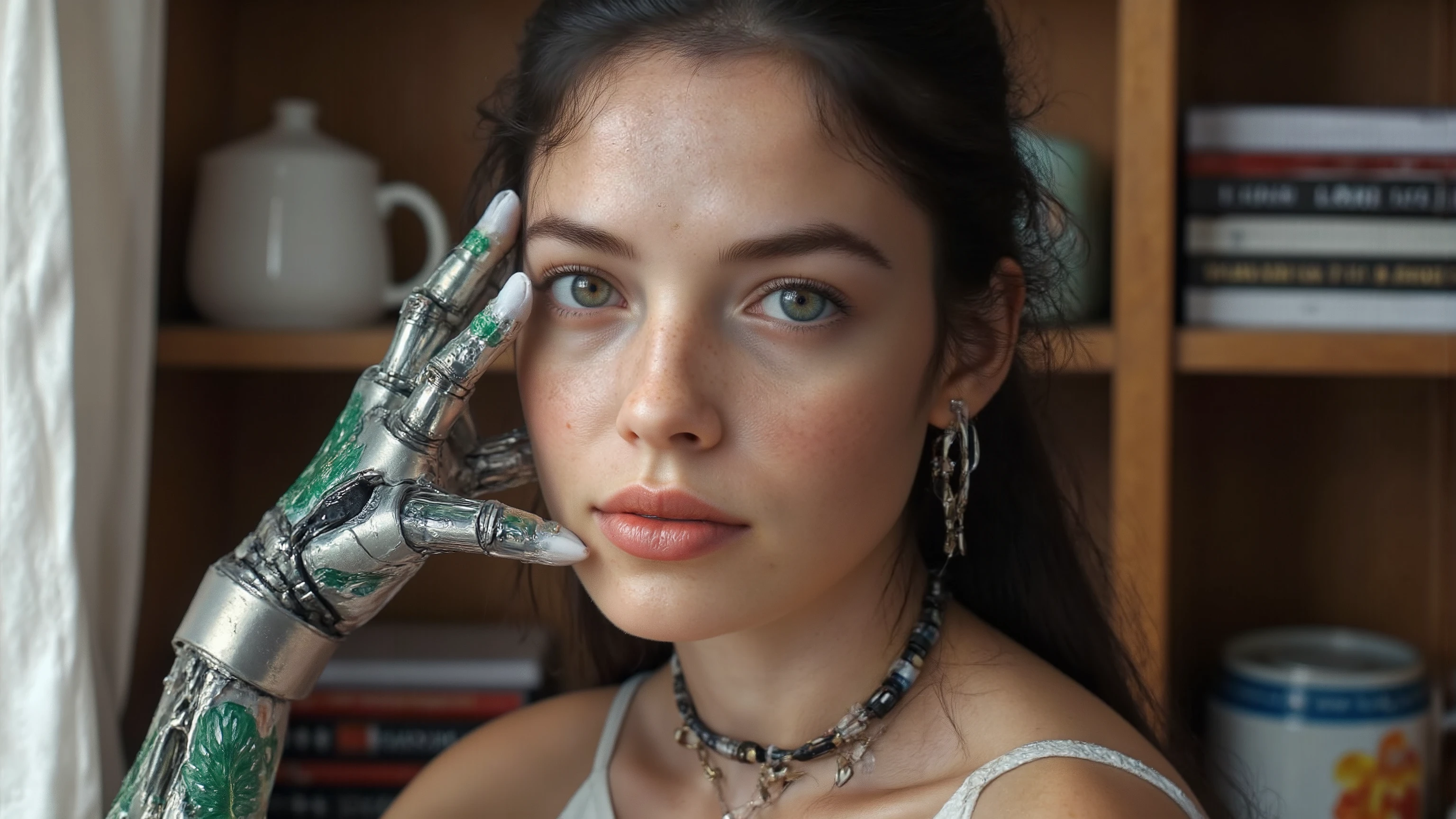 full body photo, young woman, chest, porcelain face, cyborg, robotic parts, 150 mm, beautiful studio soft light, rim light, vibrant details, cyberpunk, hyperrealistic, anatomical, facial muscles, cable electric wires, microchip, H. R. Giger style, extremely detailed, amazing, finely details, ray tracing, UHD, HDR, 16k, photorealistic, masterpiece, award winning