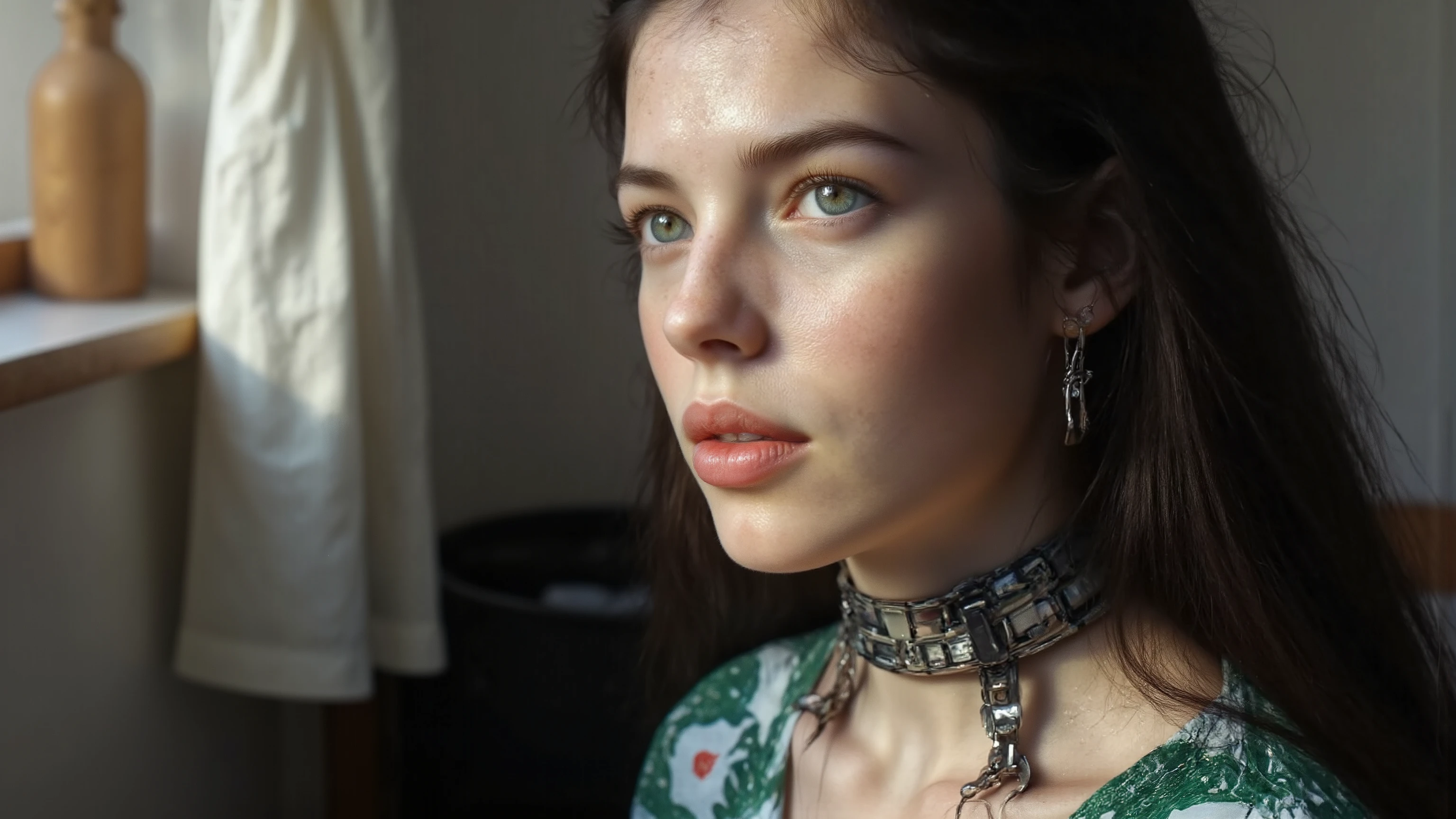 full body photo, young woman, chest, porcelain face, cyborg, robotic parts, 150 mm, beautiful studio soft light, rim light, vibrant details, cyberpunk, hyperrealistic, anatomical, facial muscles, cable electric wires, microchip, H. R. Giger style, extremely detailed, amazing, finely details, ray tracing, UHD, HDR, 16k, photorealistic, masterpiece, award winning