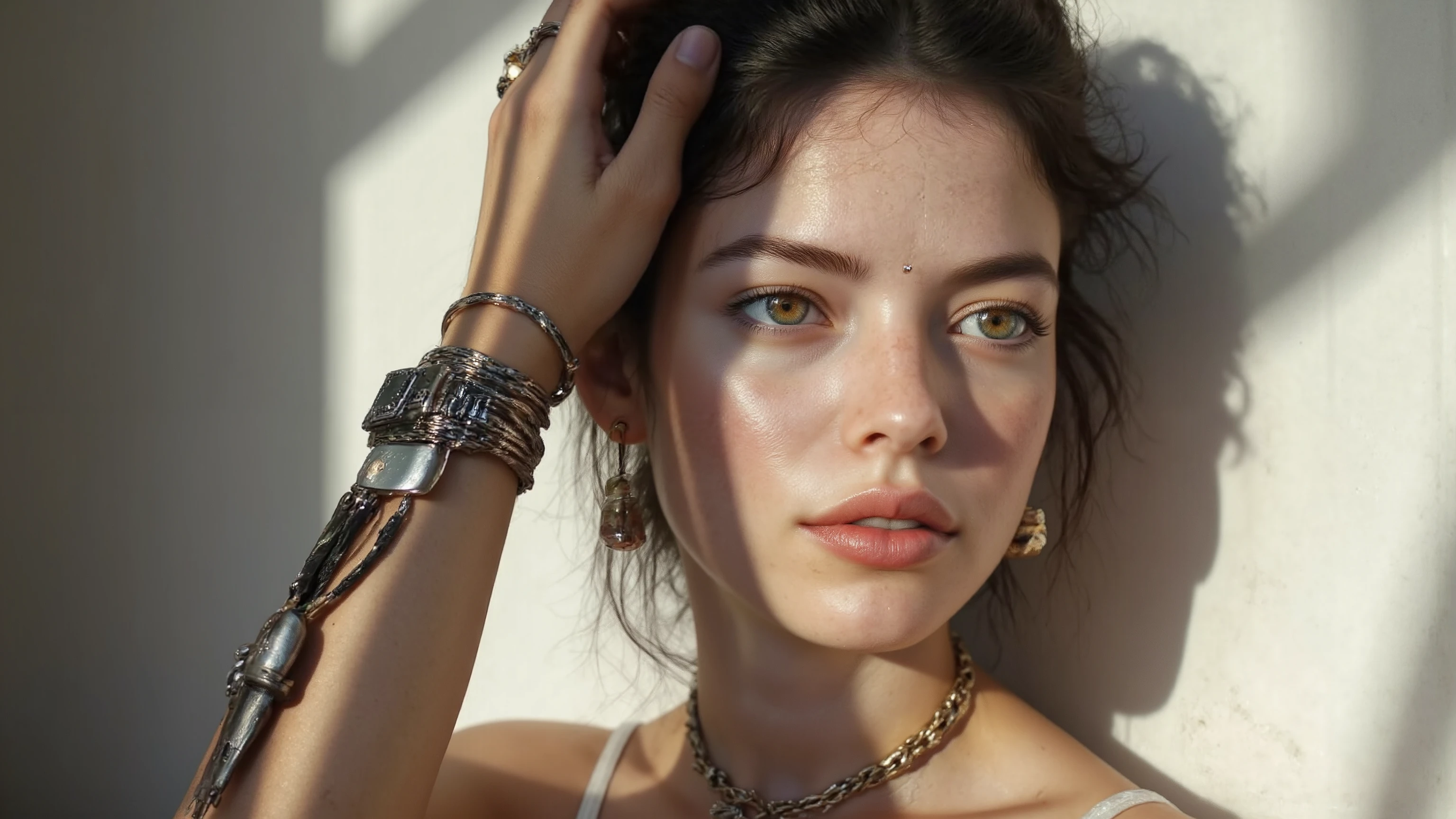 full body photo, young woman, chest, porcelain face, cyborg, robotic parts, 150 mm, beautiful studio soft light, rim light, vibrant details, cyberpunk, hyperrealistic, anatomical, facial muscles, cable electric wires, microchip, H. R. Giger style, extremely detailed, amazing, finely details, ray tracing, UHD, HDR, 16k, photorealistic, masterpiece, award winning