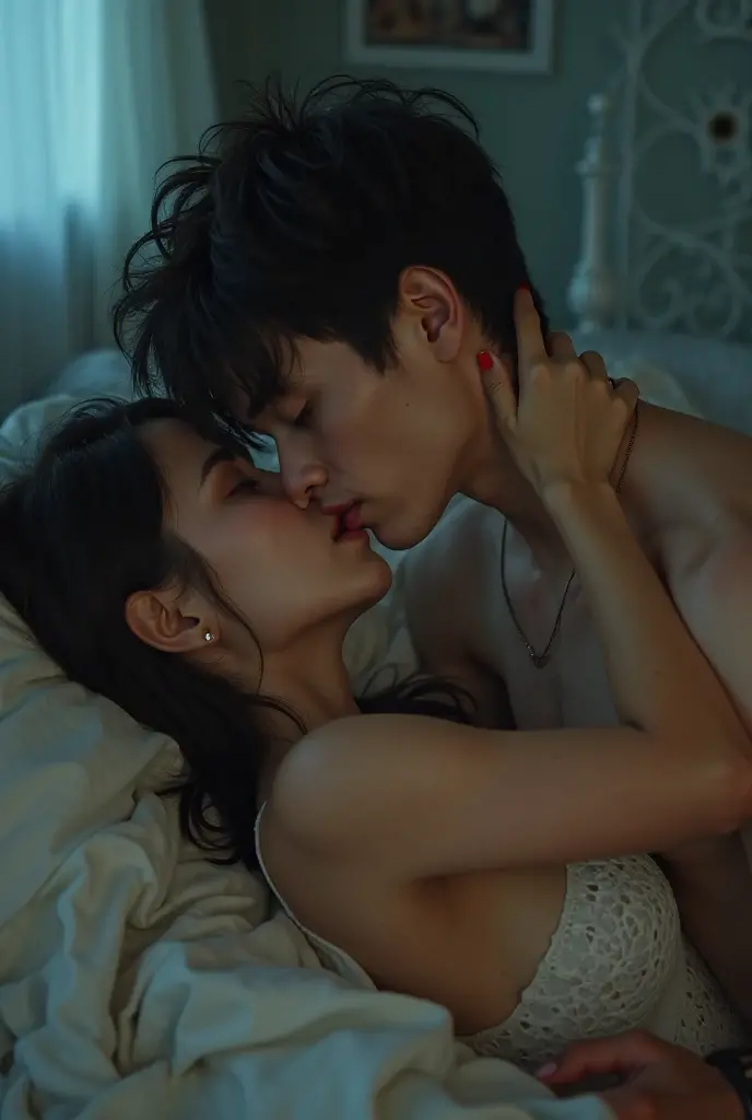 An 18-year-old and an 18-year-old are resting in bed., She is kissing lips, Cool backgrounds, Without clothes,