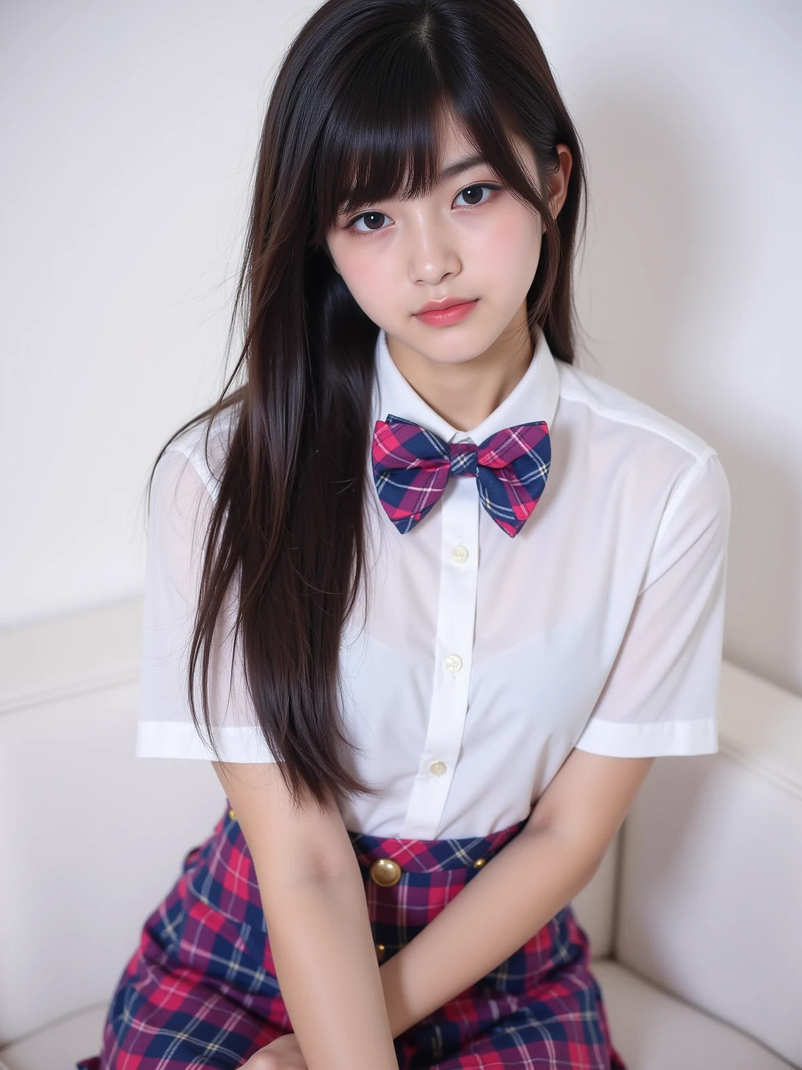 Photo quality,Masterpiece,Realistic,(14 year old cute Japanese girl:1.9),(Detailed young face:1.9),(Very embarrassed look:1.9),(Top view,Thin legs:1.9),((wear open-chested clothes:1.9)),(Adult video package shoot:1.9),(Taking photos at the Comiket venue,Inner thigh visible:1.9),((Droopy eyes:1.9)),((Body type of a 14 year old girl,Small Tits:1.9)),(Cute school girl hairstyle:1.9),((Skinny Legs)),Very pale skin,Show your forehead,Detailed body,Detailed hands,No makeup