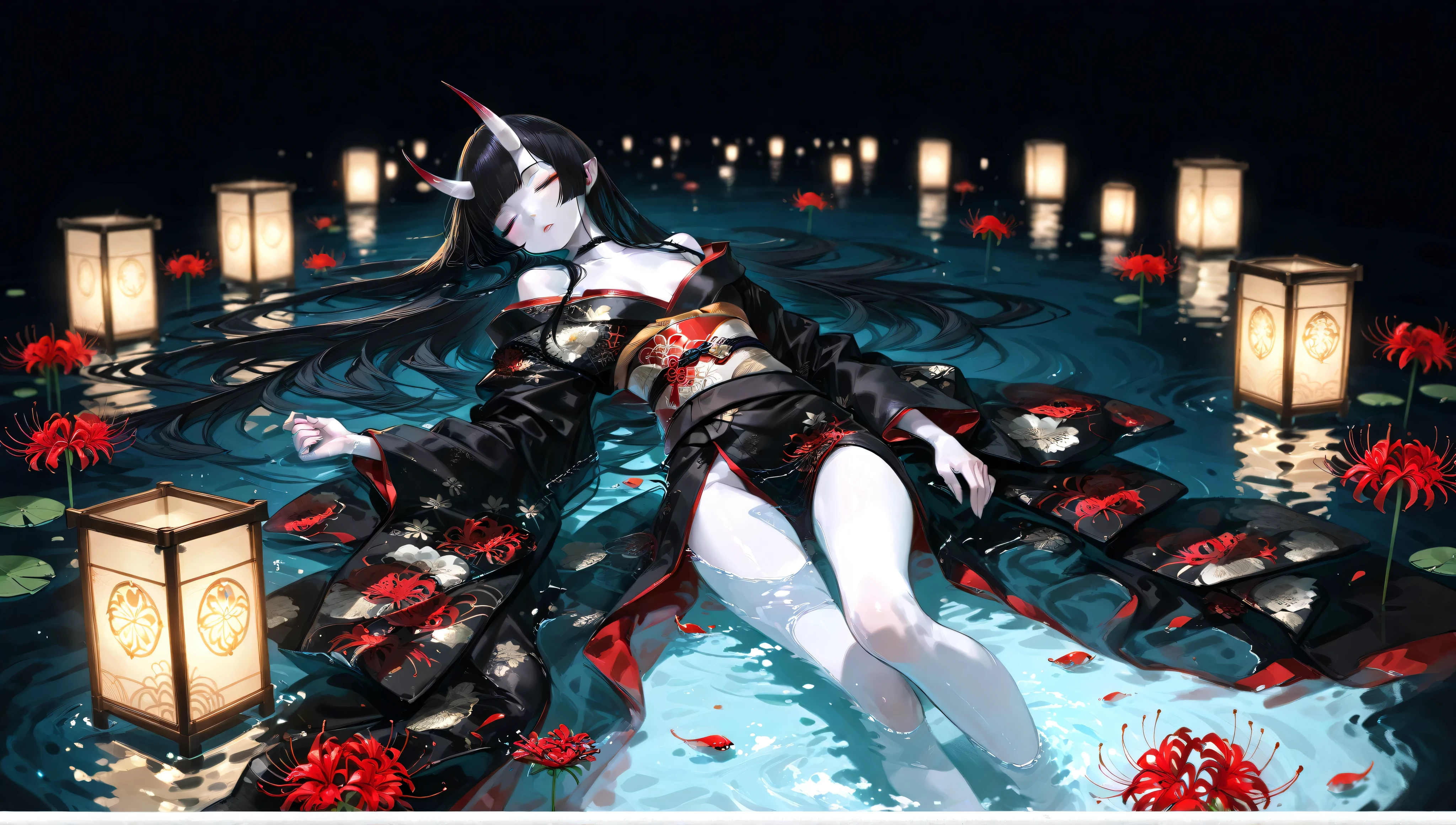 ((1girl)), girl, pale orbs are flying in the moonlight, Skinny girl, Floating lanterns、Wide shot, white skin、black hair、little oni horn、(solo focus)、Far-reaching、blurry background, Wearing a kimono with disheveled shoulders and hem, view from above、lying、real、hime cut, cluster amaryllis, Dark colored water, The dark surface of the water continues, Dark colored Background, Sleeping、Young face、shiny skin、I can see the whole body, floating on water、shiny hair from the side、Black kimono with gorgeous patterns、Red pattern、Red spider lily、small breasts、beautiful colors、full body、solo focus、 no humans 、is sleeping, black background、sleep、I can see the whole body, Little lanterns floating in the water