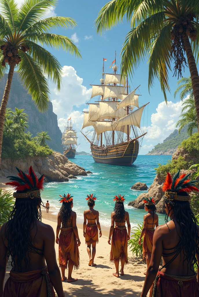Generates an image of the Indians observing the Spanish arriving in America for the first time 