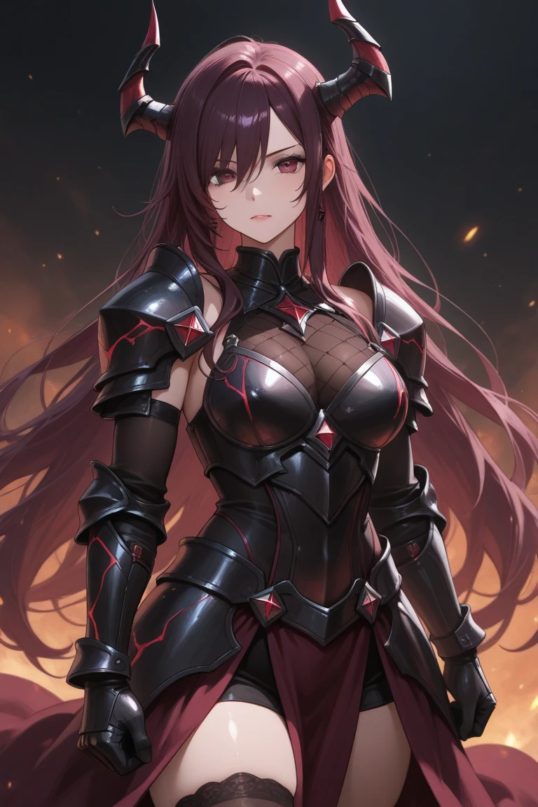 (highest resolution, distinct_image) Best quality, a female's masterpiece, highly detailed, semi realistic, ((portrait)), scathach, ((long hair)), ((maroon hair)), (red eyes:1.5), ((violet colored inner hair)), (((large breasts))), armor, ((bodysuit)), pauldrons, purple bodysuit, shoulder armor, (Broken Glass), cold, serious, authoritative, powerful, confident, (Standing Painting), (exquisite facial features)