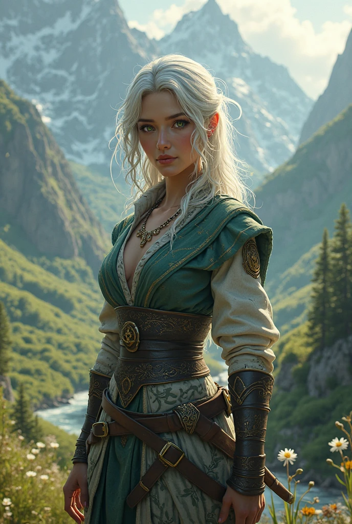 (4K,8K, ultra HD, very detailed,intricate detail , masterpiece,high resolution, perfect anatomy:1.4), 1 girl, (Female Elf, pointed ears), (pearl white skin:1.1),(high detail, middle, awesome silver hair, floating, moving, updo),(image from head to knee, dynamic posture, dynamic shot), detailed eyes, detailed lips, attractive medium beasts, (she is the elf hunter, detailed clothes, ancient design outer and pants, leather light weight armor, earrings and pendant ), (ancient items, fantasy, (ancient products ,( intricate designed bow and arrows)), intricate decorated), seductive woman hunter, ancient magician outfit, fantasy, goodness, holy, (high detail, rich in nature, The forest is abundant in nature, Rich in greenery, great waterfalls, background),
