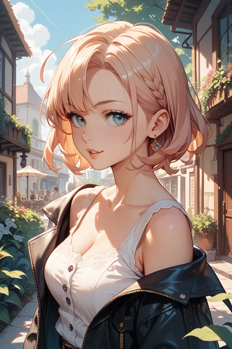 masterpiece, best quality, ultra detailed, detailed eyes, expressive eyes, perfect face, highres, 1girl, solo, jeanfavonian, short hair, blonde hair, city, day, standing, happy, parted lips, hands on hip, upper body, looking at the viewer