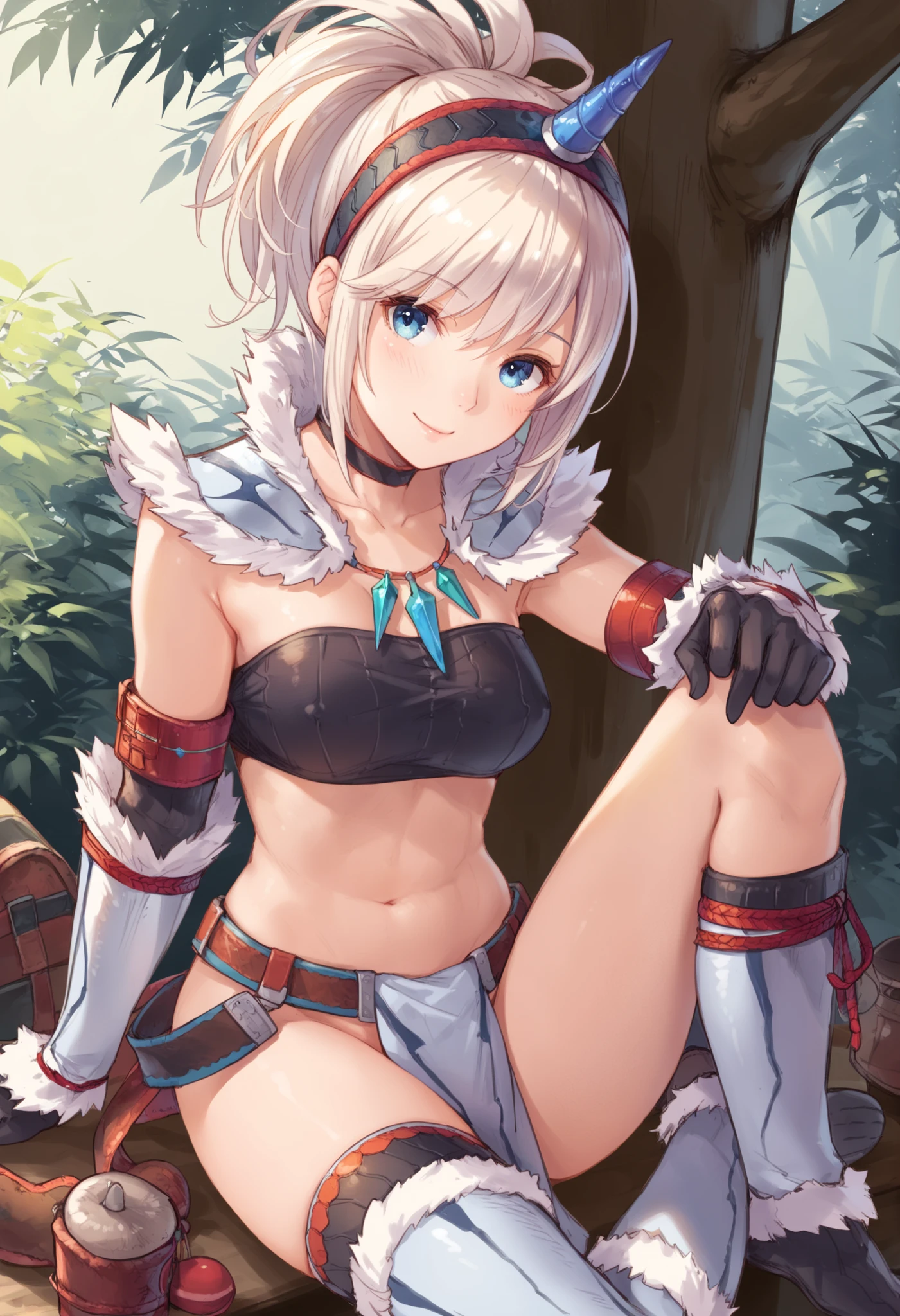 (score_9:0.9),score_8_up,score_7_up,rating_explicit,anime_style,(zPDXL),kirin beta armor,white single horn hairband,white detached sleeves,oung_girl,solo,blue eyes,looking at viewer,sitting,smile,plain_background,medium breasts,,closed mouth,collarbone,black bandeau,white loincloth,BLAKE,medium_breasts,white_knee_boots, camp, campdire,black_knee_highs ,white_tubetop,open_legs,(abs:0.7),(spikey_hair:1.4),white_hair,white_chest_armor,white_fur_waste_armor,