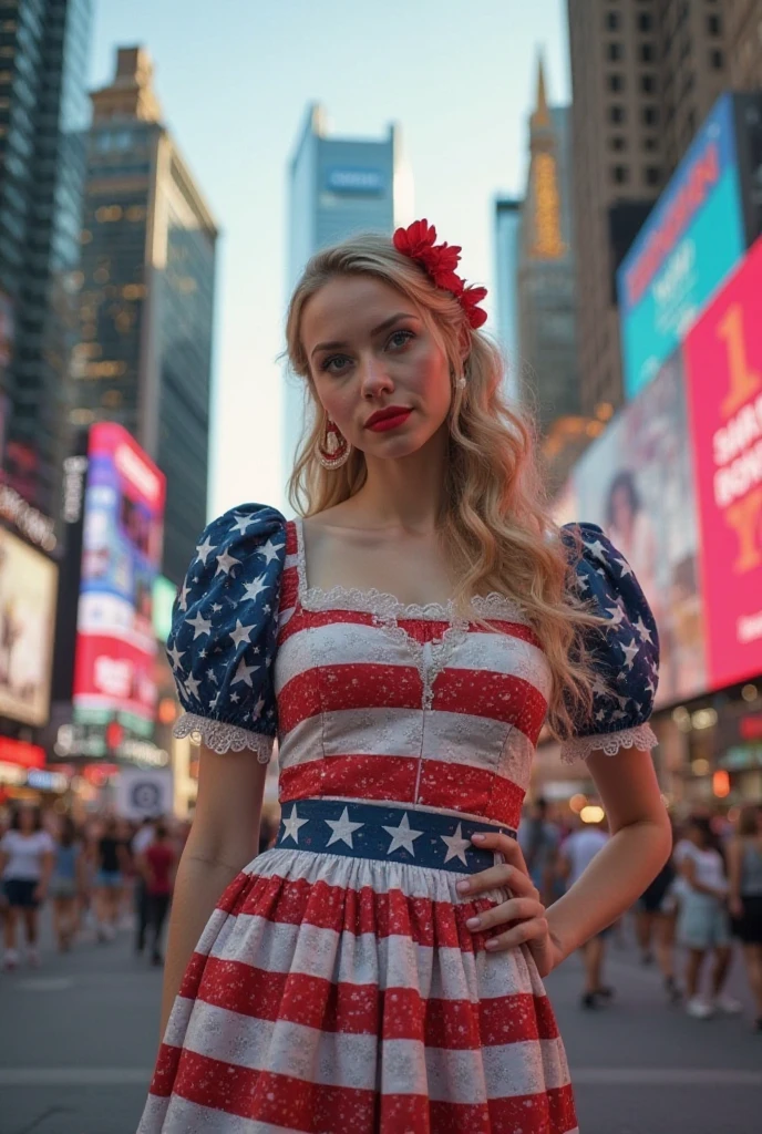 July - Independence and Celebration
On the July calendar page, LaGermania stands amidst a festive Fourth of July parade in Washington, D.C. She wears a vintage-inspired dress in shades of star-spangled blue and fireworks red, its patriotic prints and flared skirt embodying the spirit of American craftsmanship. LaGermania's blonde hair is styled in victory rolls, adorned with a sparkly hair accessory that catches the sunlight. Her expression is happy and curious, with a joyful smile that mirrors the excitement of independence and celebration. The background features marching bands and waving flags, with crowds lining the streets and children playing with sparklers. The dress's retro cotton texture and the embroidered stars evoke the nostalgic charm of American summers against the backdrop of iconic landmarks. LaGermania's posture is spirited yet poised, one hand lightly waving a miniature American flag while the other holds a basket of red, white, and blue balloons, their vibrant colors echoing the festive atmosphere. The scene captures the patriotic spirit of Independence Day in the nation's capital, inviting viewers to join in the summer festivities.