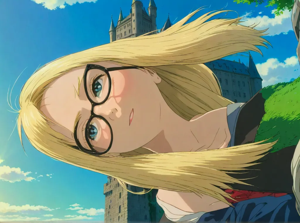 blonde woman with straight hair and bangs, wearing glasses, 1girl, solo, hair in a ponytail, 21 years old, no makeup, soft face, sweet smile, view from the side, small mouth closed, medium boobs, blue eyes, realistic photo, in street, high pov, looking down, green bra, cleavage, midriff, g string panties, thong panties,