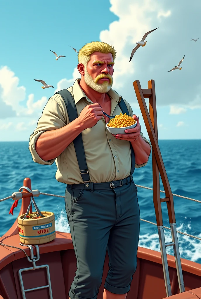 Generate an image of a sailor on a boat on the high seas with the Italian flag since he is Italian eating macaroni on crutches , Let him be blond and short