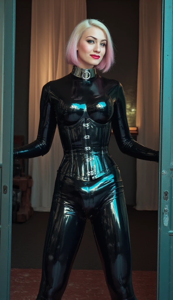 Carrie-Anne Moss als Dominatrix, in a turquoise leather and patent body outfit, sie hat eine Reitgerte in der Hand, wears long earrings, und sehr lange thigh-high-plateau-Stiefel, Ellenbogenlange Handschuhe, sie kackt auf einen Teller viel Kot, Full body visible
