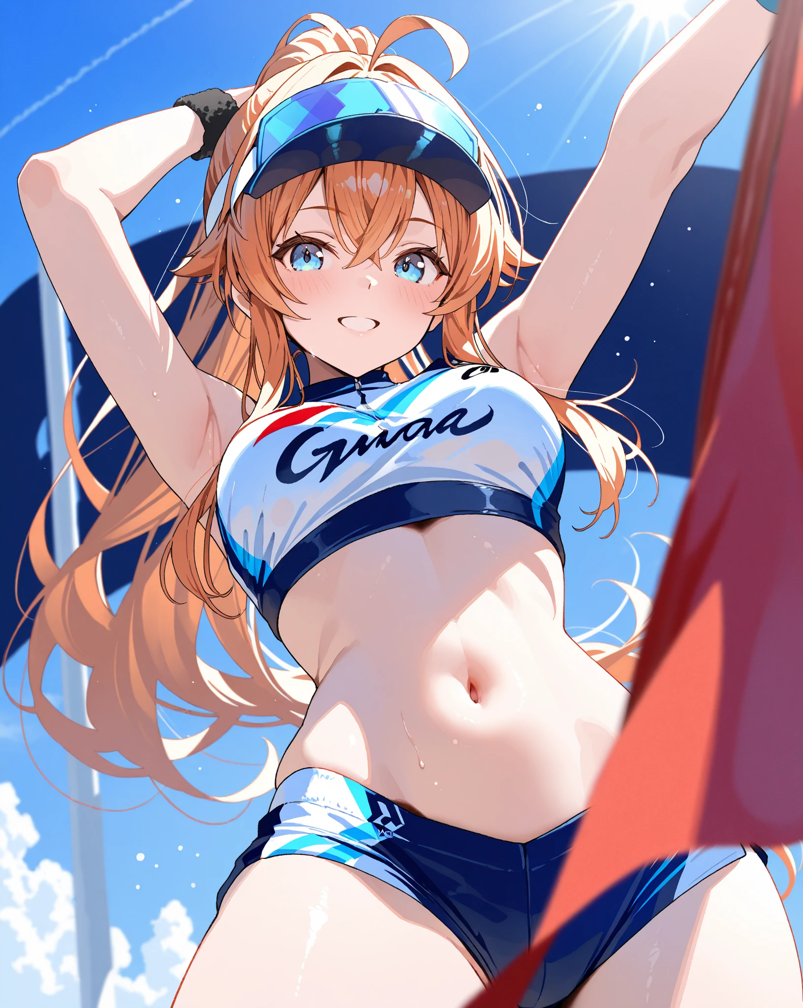 masterpiece,(ultra-detailed),1girl, mysterious heroine xx \(fate\), half_eyes,smile,open mouth, swimsuit, white bikini, side-tie bikini bottom, shrug \(clothing\), jacket, thigh strap, wristband, large_boobs, ocean_landscape, splashing,blonde_ponytail,open_legs,cap,happiness,,dynamic_standing,