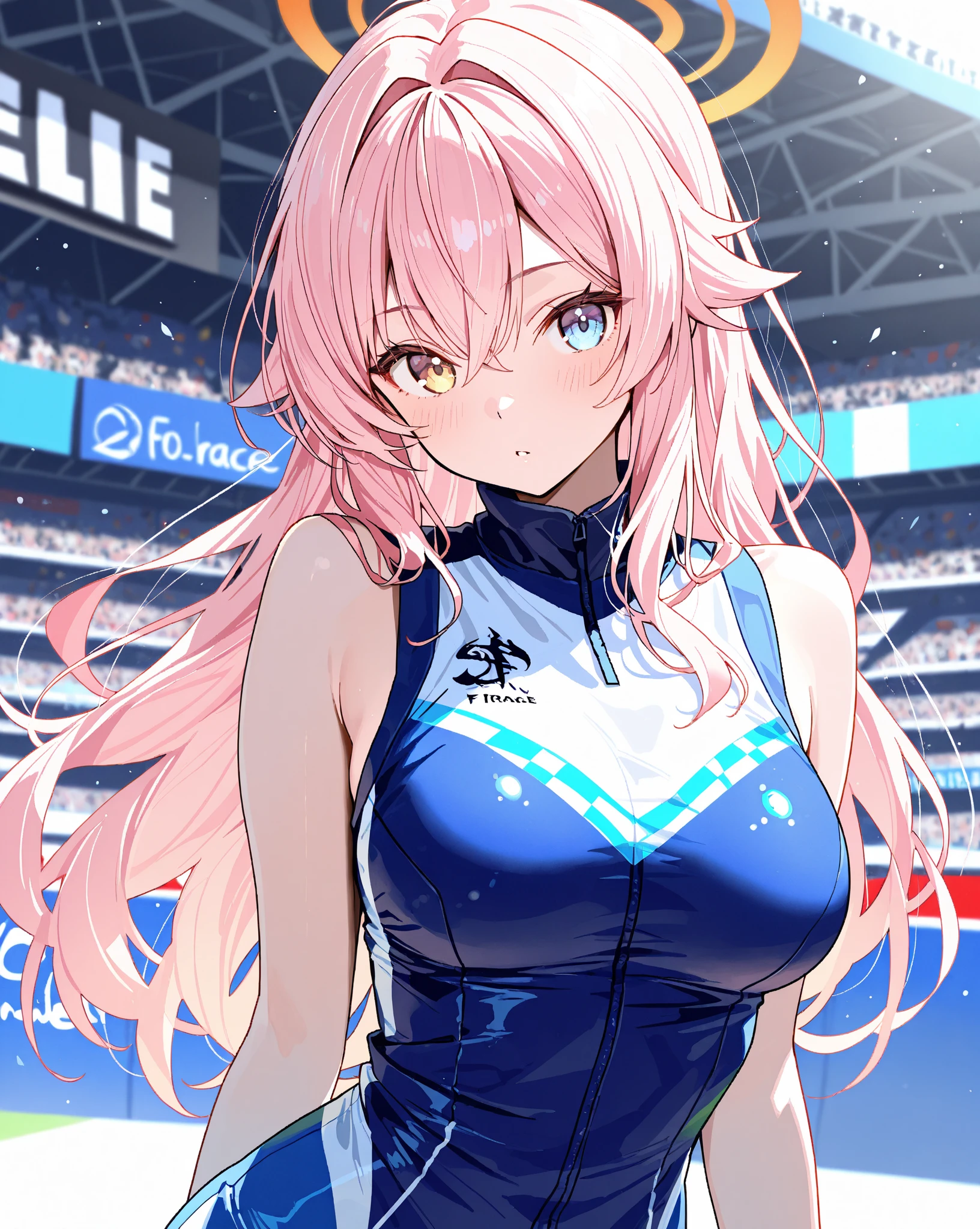 curly hair, curlers, light pink hair, upturned hair, a flower ornament in her hair, dark blue eyes, cute, beautiful, sport suit