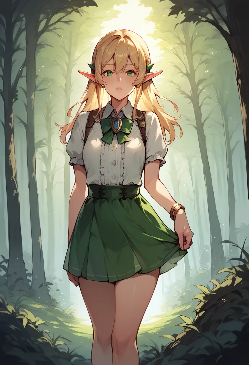 elf girls, elf ears, blushing, mouths open in arousal, incontinence、peeing pee stains, wet panties, ensemble in the forest, campfire.