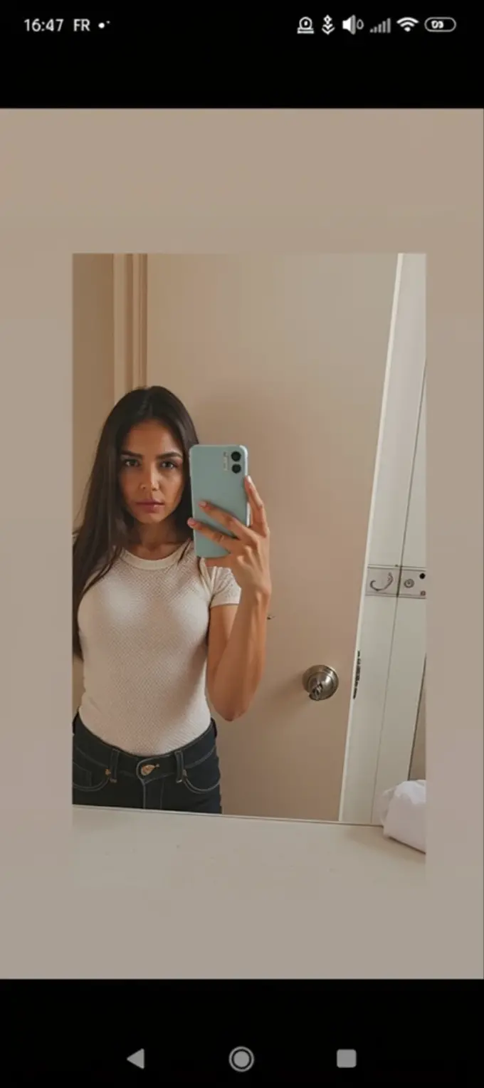 20 years old cute indian girl , long hair , mesomorph body , 25% fat , black bra , sexy and hot , big boobs , deep cleavage , sexy navel , sexy belly , short blue jeans , taking mirror selfie , wide navel 