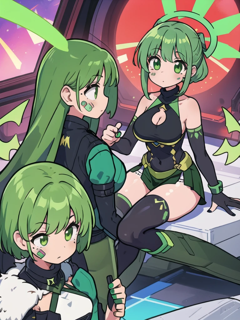 some pretty anime characters fighting over with one another over the top of them a sun blushing lewd face while wearing very tight boots micro leaf bikini, standing an animated figure with white hair holding a leaf and a green leaf behind her is speech bubble