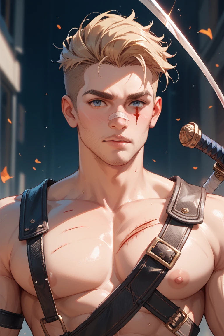a buff man with blonde shaved upper cut hair wearing a black choker holding a spear in the zombie apocalypse body shot