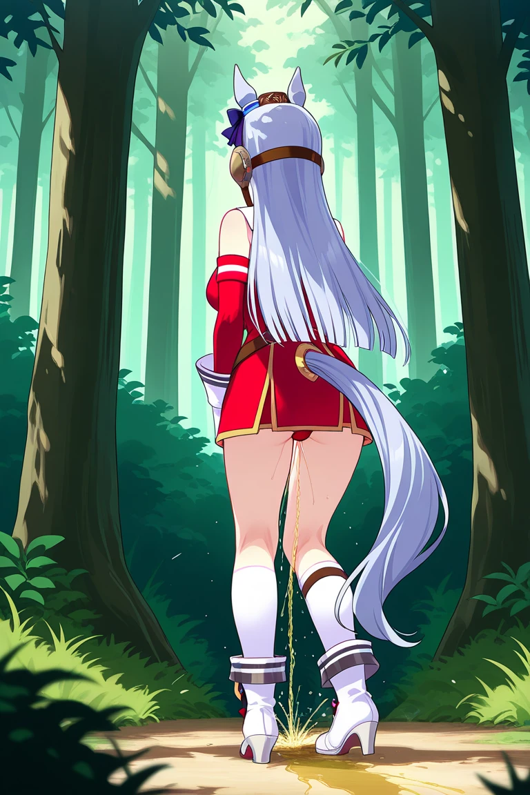 Dark color depiction、(masterpiece, highest quality:1.2), alone, One girl, umpd gold ship, pillbox hat, Red dress,No sleeve, White Pantyhose, boots, Horse tail, blush、in the forest、Back view、Low - Angle、Photographing a subject from below、Butt crack、Photograph your buttocks from directly below
