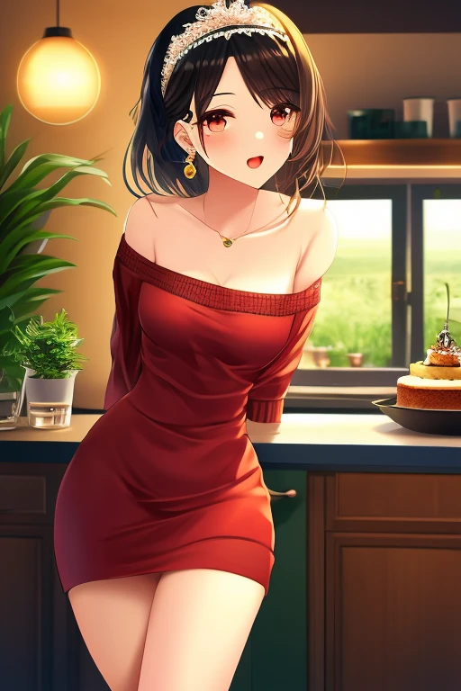 (small breasts:1.3), (perky chest:1.1), (pointed chest:1.0), (Pudding cake magazine cover:1.3)，(from above:1.0),(from side:0.9),masterpiece, 1girl, Amazing Cleavage:1.1, thin waist, big ass, Raised sexy, small breast: 1.3, sexy posed cleavage:1.2,solo, open mouth, have a cute grass of cute beergrass,bronde hair, dark blue eyes, dress, bare shoulders, jewelry, collarbone, sidelocks, hairband, earrings, indoors, off shoulder, sweater, arms behind back, plant, short hair with long locks, gild hairband, sweater dress:1.2, off-shoulder sweater, red sweater, dark gord hair, big side hair, very long side hair,is rendered in (masterpiece: 1.2, best quality), with (ultra high resolution) and an exquisite (depth of field). This masterpiece is not only visually stunning but also tells,A scene of cooking in the kitchen in the classroom ,looking at viewer, 