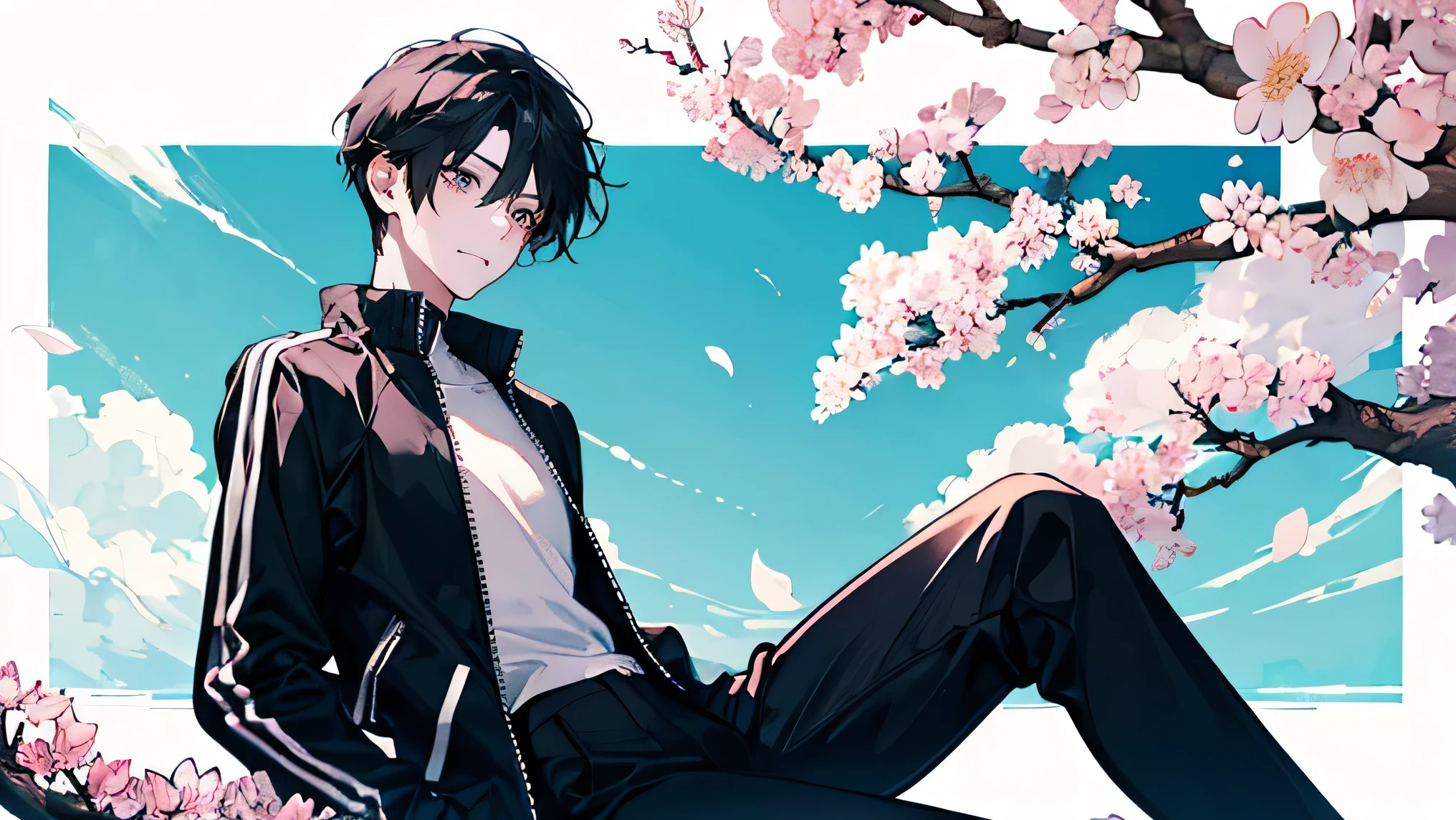  Man Two 　　Handsome Guy　very short black hair　smile　　　　under a cherry tree　blue sky　　　solid black long sleeve 　　solid black tight high neck shirt　full zip up　　　Tight Long Pants　　I'm proud of Megamokkori　　 slim figure　wide thigh opening 　　Sakura Fubuki　　　Cherry blossom petals soar
