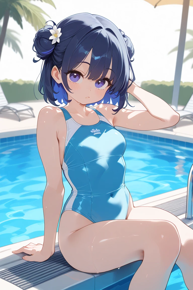 ,(young girl ,short stature,) ,flat chest,nsfw,big head, rotund.one-piece-swimsuit,braid hair, swiming in pool,
