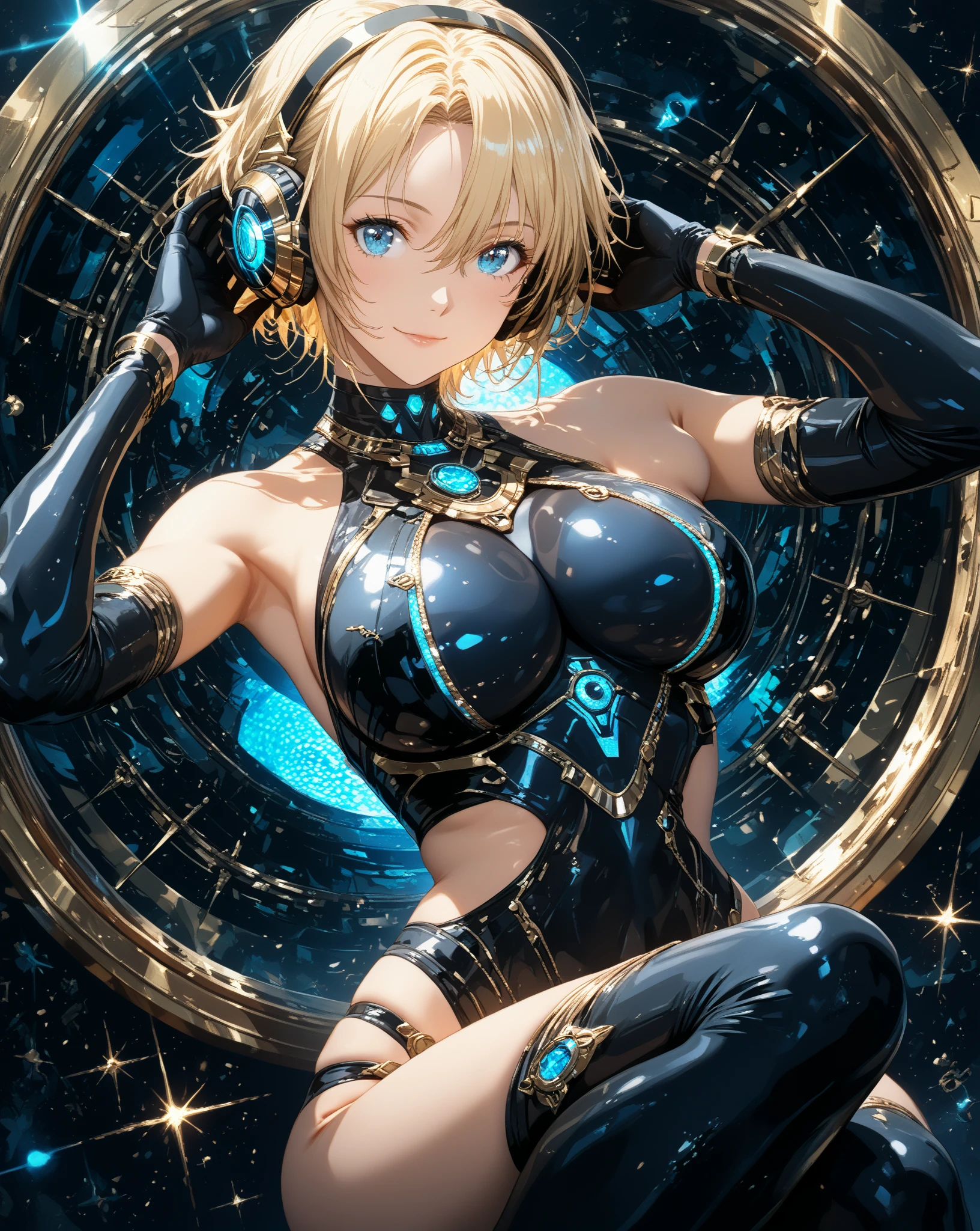 ((Highest quality)), ((masterpiece)), (detailed:1.4), 3d, detailedな筋肉のリアルなmasterpieceを持つカメラを見ている美しいサイバネティックガール, Beautiful cyberpunk woman image,High resolution (High Dynamic Range),Ray Tracing,NVIDIA,Super Resolution,Unreal 5,Scattered beneath the surface,PBR Texturing,Post-processing,Maximum clarity and sharpness,Multilayer Texture,Albedo and Specular Maps,Surface Shading,Accurate simulation of light-matter interactions,Perfect Proportions,Octane Rendering,Two-tone lighting,wide aperture,Low ISO,White balance,Three-part method,8K RAW, Active Pause, Action pose, (Gold Parts), fringe, whole body, Emerald Blue Eyes, very beautiful shorthair, (A faint smile), ((Very elegant)), ((Very luxurious)), ((Very large room)), (Suite Room), (From above),masterpiece,8k,(Silicone Skin), ((In-focus photo)), ((Focused photos)), ((People are not blurred)), 4K,Blonde、Attractions、A beautiful, high-contrast, rainbow-hued costume、Tight clothing ,sprawl ,Heart symbol,(Glowing Skin、Pink and blue light source),huge , ((Heavy breathing:1.3)), , Little devil smile, Angle from below、、throw、((Illuminated by neon and black lights)))、Dancing, (with a gun in hand)、((Two perfect hands))、((Perfect Five Fingers))、