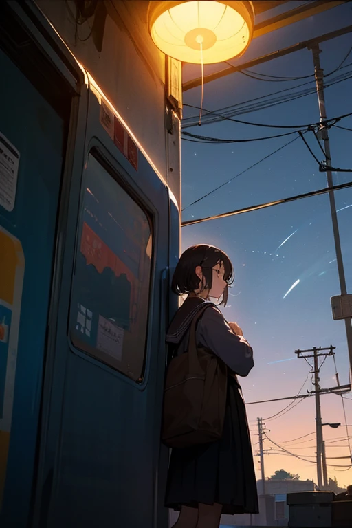 train, trainから降りる, Light clothing、Station platform,Stargazing, Put on your headphones, Night Travel, Beautiful starry sky, beautiful girl, UHD Portrait, (high quality) (Super detailed) Observation of viewers wearing hip-hop street fashion; different, colorful, Long hair in color 🌈