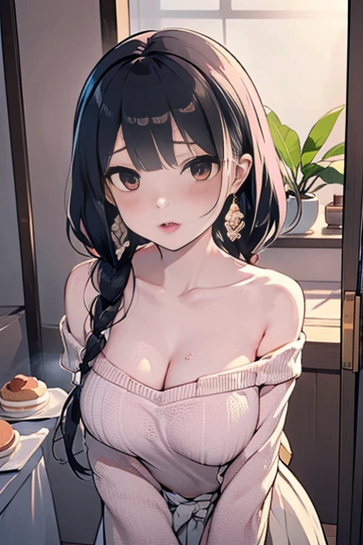 (from above:1.0),(from side:0.9),masterpiece, 1girl, Amazing Cleavage:1.1, thin waist, big ass, Raised sexy, small breast: 1.3, posed cleavage:1.2、solo, looking at viewer, open mouth, have a cute grass of cute beergrass,black hair, dark green eyes, dress, bare shoulders, jewelry, collarbone, sidelocks, hairband, earrings, indoors, off shoulder, :o, sweater, arms behind back, plant, short hair with long locks, gild hairband, off-shoulder dress, sweater dress, off-shoulder sweater, red sweater, dark gord hair, big side hair, very long side hair,is rendered in (masterpiece: 1.2, best quality), with (ultra high resolution) and an exquisite (depth of field). This masterpiece is not only visually stunning but also tells,A scene of cooking in the kitchen by classroom