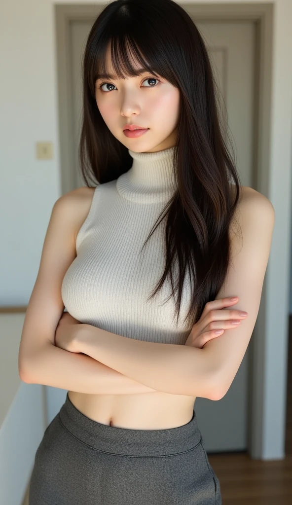 A Japanese lady, skinny figure, small breasts, extremely thin waist, beautiful face, beautiful eyes, natural make up, black long hair, wearing a tight grey dress with an open back design, looking back at your audience, 1girl in, solo, detailed face and eyes, detailed fingers and arms. Full body photo. Realistic, Photorealistic.