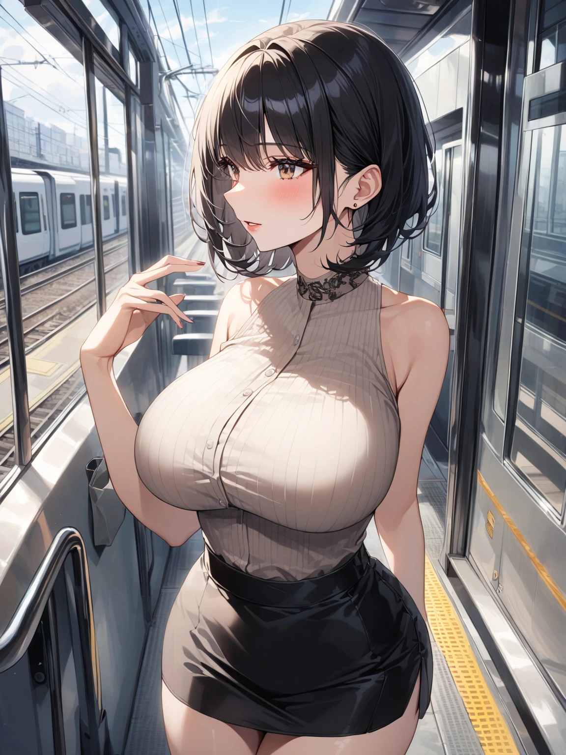 ((((Best Quality, 8K, 32K, masterpiece, 1.2)))),{{solo}},((nsfw:1.5)),{{{Character reference: Nikke's Diesel:1.5}}},((perfect beautiful face:1.2)), oyakodon, mother and daughter, in train, (against glass:1.3), (breast press:1.3), (breasts on glass:1.3),(rushed breasts:1.3) ,(train interior:1.3),(crowded train:1.3),upper body,
